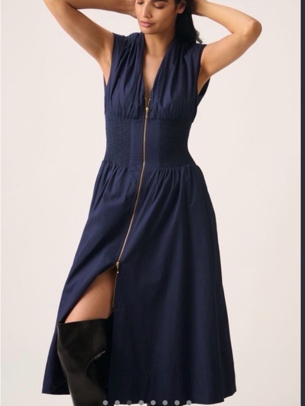 Anthropologie Navy Zip-Front Smocked Midi Dress